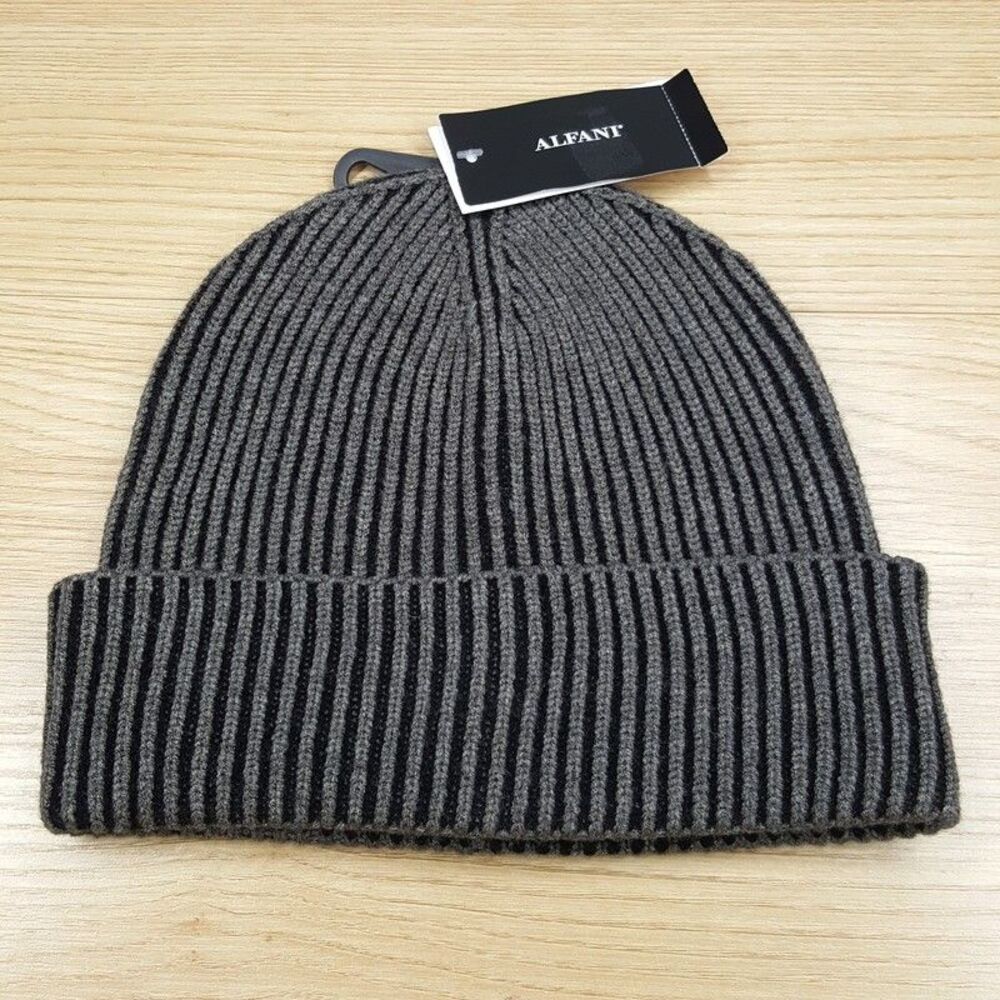 ALFANI Mens Beanie Hat Grey Ribbed Fold Over Cuffed Stretch Knit